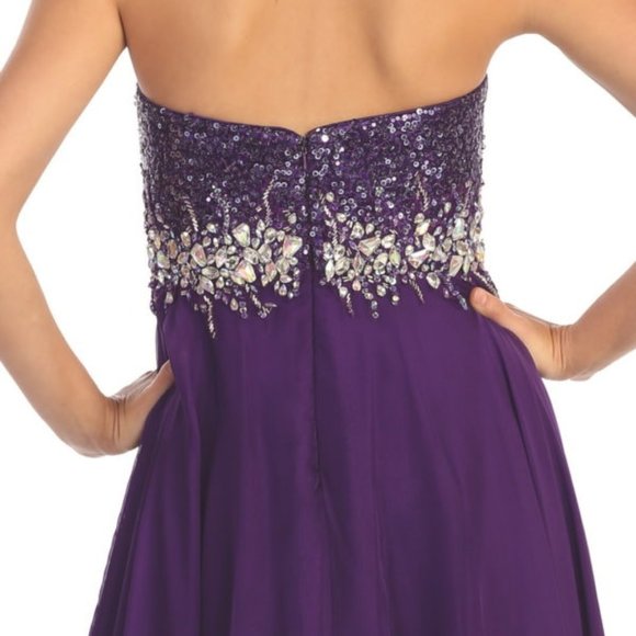 NEW LONG SLEEVELESS A-LINE CHIFFON DRESS EMBROIDERED WITH RHINESTONES GL1060 - Picture 9 of 11